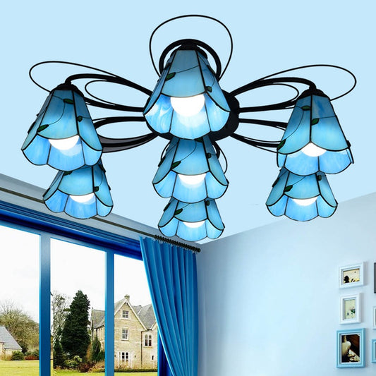 Cone Stained Glass Semi Flush Mount Mediterranean 3/7/9 Heads Yellow/Blue Ceiling Light Fixture 7 Blue Clearhalo 'Ceiling Lights' 'Close To Ceiling Lights' 'Close to ceiling' 'Glass shade' 'Glass' 'Semi-flushmount' 'Tiffany close to ceiling' 'Tiffany' Lighting' 315933