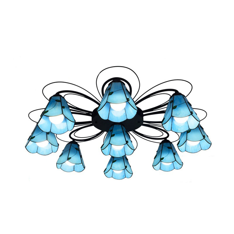 Cone Stained Glass Semi Flush Mount Mediterranean 3/7/9 Heads Yellow/Blue Ceiling Light Fixture 9 Blue Clearhalo 'Ceiling Lights' 'Close To Ceiling Lights' 'Close to ceiling' 'Glass shade' 'Glass' 'Semi-flushmount' 'Tiffany close to ceiling' 'Tiffany' Lighting' 315934