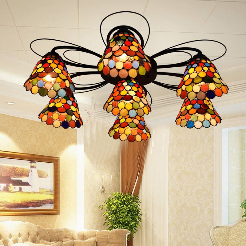 Bell Semi Flush Mount Tiffany Multicolored Stained Glass 3/7/9 Heads Ceiling Light Fixture 7 Orange Clearhalo 'Ceiling Lights' 'Close To Ceiling Lights' 'Close to ceiling' 'Glass shade' 'Glass' 'Semi-flushmount' 'Tiffany close to ceiling' 'Tiffany' Lighting' 315941
