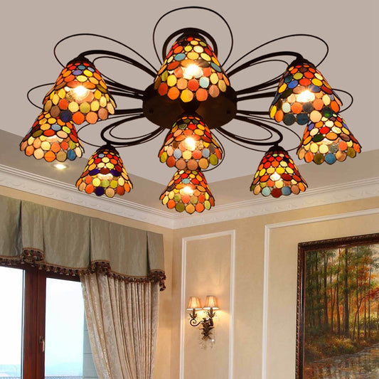 Bell Semi Flush Mount Tiffany Multicolored Stained Glass 3/7/9 Heads Ceiling Light Fixture 9 Orange Clearhalo 'Ceiling Lights' 'Close To Ceiling Lights' 'Close to ceiling' 'Glass shade' 'Glass' 'Semi-flushmount' 'Tiffany close to ceiling' 'Tiffany' Lighting' 315943