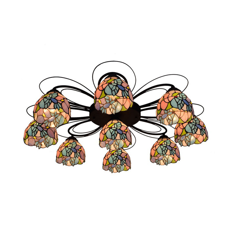 Bowl Stained Glass Ceiling Fixture Tiffany 3/7/9 Heads Red/Orange/Green Semi Flush Mount Light Fixture 9 Green Clearhalo 'Ceiling Lights' 'Close To Ceiling Lights' 'Close to ceiling' 'Glass shade' 'Glass' 'Semi-flushmount' 'Tiffany close to ceiling' 'Tiffany' Lighting' 315946