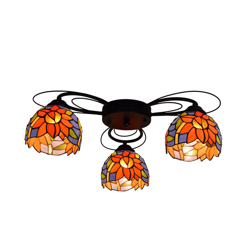 Bowl Stained Glass Ceiling Fixture Tiffany 3/7/9 Heads Red/Orange/Green Semi Flush Mount Light Fixture 3 Red Clearhalo 'Ceiling Lights' 'Close To Ceiling Lights' 'Close to ceiling' 'Glass shade' 'Glass' 'Semi-flushmount' 'Tiffany close to ceiling' 'Tiffany' Lighting' 315947
