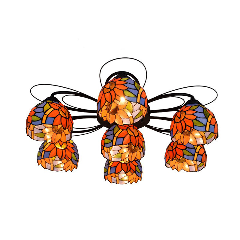 Bowl Stained Glass Ceiling Fixture Tiffany 3/7/9 Heads Red/Orange/Green Semi Flush Mount Light Fixture 7 Red Clearhalo 'Ceiling Lights' 'Close To Ceiling Lights' 'Close to ceiling' 'Glass shade' 'Glass' 'Semi-flushmount' 'Tiffany close to ceiling' 'Tiffany' Lighting' 315948