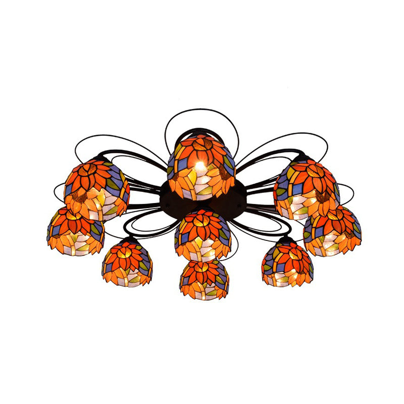 Bowl Stained Glass Ceiling Fixture Tiffany 3/7/9 Heads Red/Orange/Green Semi Flush Mount Light Fixture 9 Red Clearhalo 'Ceiling Lights' 'Close To Ceiling Lights' 'Close to ceiling' 'Glass shade' 'Glass' 'Semi-flushmount' 'Tiffany close to ceiling' 'Tiffany' Lighting' 315949