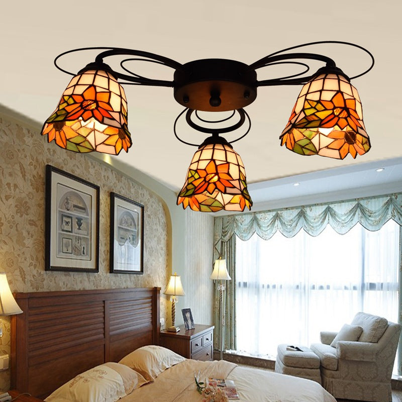 Bowl Stained Glass Ceiling Fixture Tiffany 3/7/9 Heads Red/Orange/Green Semi Flush Mount Light Fixture 3 Orange Clearhalo 'Ceiling Lights' 'Close To Ceiling Lights' 'Close to ceiling' 'Glass shade' 'Glass' 'Semi-flushmount' 'Tiffany close to ceiling' 'Tiffany' Lighting' 315950
