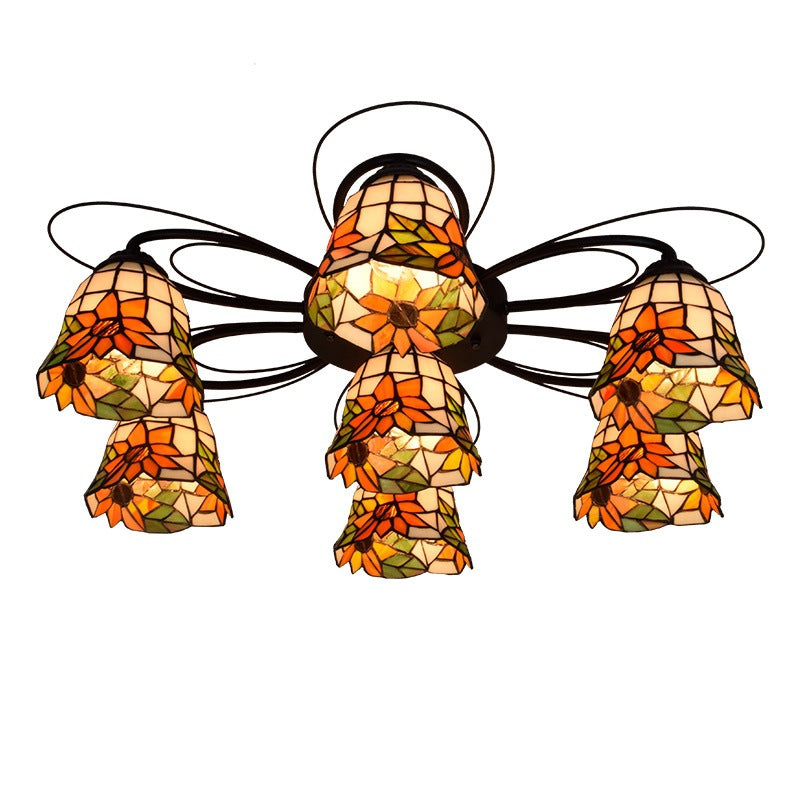 Bowl Stained Glass Ceiling Fixture Tiffany 3/7/9 Heads Red/Orange/Green Semi Flush Mount Light Fixture 7 Orange Clearhalo 'Ceiling Lights' 'Close To Ceiling Lights' 'Close to ceiling' 'Glass shade' 'Glass' 'Semi-flushmount' 'Tiffany close to ceiling' 'Tiffany' Lighting' 315951