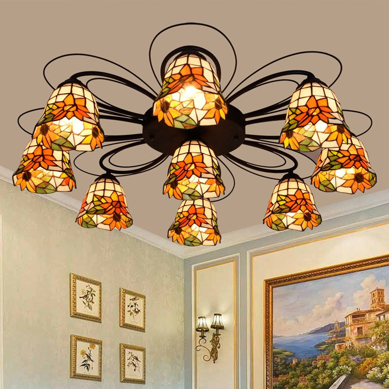 Bowl Stained Glass Ceiling Fixture Tiffany 3/7/9 Heads Red/Orange/Green Semi Flush Mount Light Fixture 9 Orange Clearhalo 'Ceiling Lights' 'Close To Ceiling Lights' 'Close to ceiling' 'Glass shade' 'Glass' 'Semi-flushmount' 'Tiffany close to ceiling' 'Tiffany' Lighting' 315952