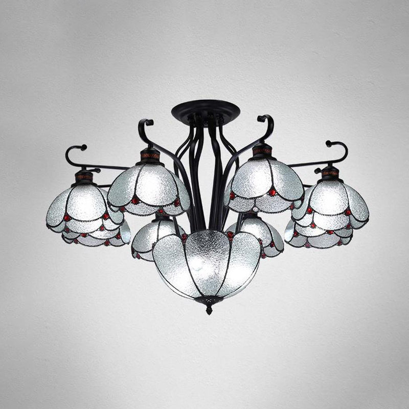 Stained Glass Scalloped Ceiling Lamp Mediterranean 9 Heads Gray/White/Yellow Light Semi Flush Mount Fixture Grey Clearhalo 'Ceiling Lights' 'Close To Ceiling Lights' 'Close to ceiling' 'Glass shade' 'Glass' 'Pendant Lights' 'Semi-flushmount' 'Tiffany close to ceiling' 'Tiffany' Lighting' 315962
