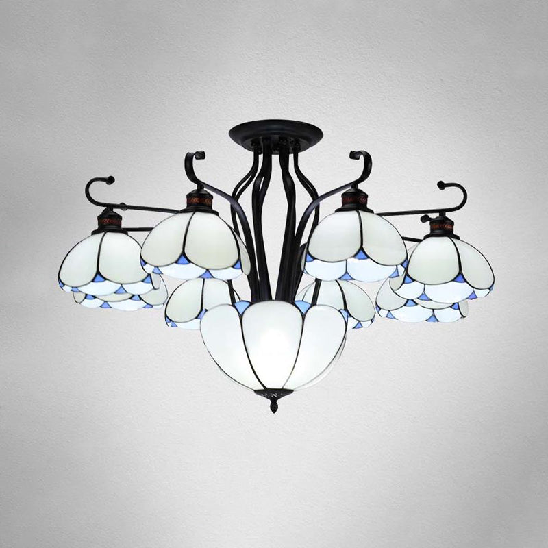 Stained Glass Scalloped Ceiling Lamp Mediterranean 9 Heads Gray/White/Yellow Light Semi Flush Mount Fixture White Clearhalo 'Ceiling Lights' 'Close To Ceiling Lights' 'Close to ceiling' 'Glass shade' 'Glass' 'Pendant Lights' 'Semi-flushmount' 'Tiffany close to ceiling' 'Tiffany' Lighting' 315963