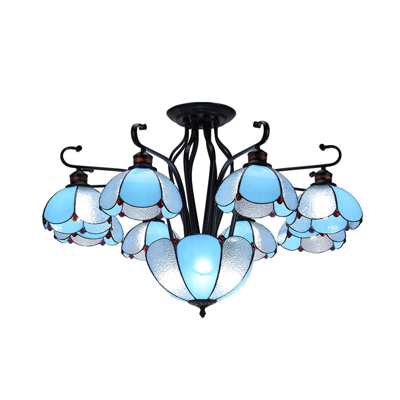 Stained Glass Scalloped Ceiling Lamp Mediterranean 9 Heads Gray/White/Yellow Light Semi Flush Mount Fixture Blue Clearhalo 'Ceiling Lights' 'Close To Ceiling Lights' 'Close to ceiling' 'Glass shade' 'Glass' 'Pendant Lights' 'Semi-flushmount' 'Tiffany close to ceiling' 'Tiffany' Lighting' 315964