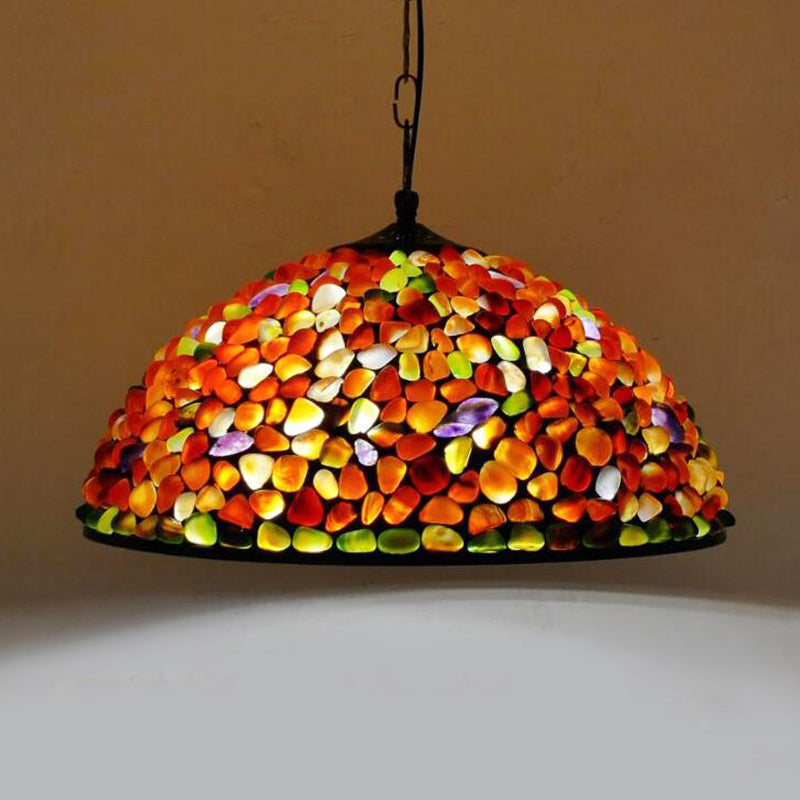 1 Light Dome Hanging Light Fixture Mediterranean Black Colorful Stone Suspension Pendant Multi-Color 16" E Clearhalo 'Ceiling Lights' 'Industrial' 'Middle Century Pendants' 'Pendant Lights' 'Pendants' 'Tiffany close to ceiling' 'Tiffany Pendants' 'Tiffany' Lighting' 315977