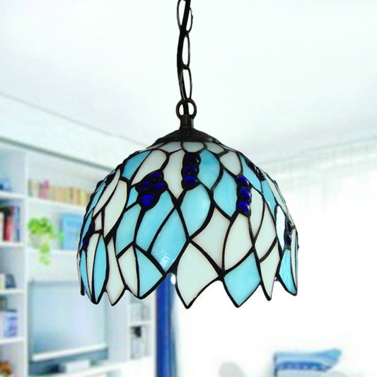 Blue 1 Light Suspension Lamp Baroque Stained Glass Domed Shaped Hanging Ceiling Light Blue Clearhalo 'Ceiling Lights' 'Chandeliers' 'Industrial' 'Middle Century Pendants' 'Pendant Lights' 'Pendants' 'Tiffany close to ceiling' 'Tiffany Pendants' 'Tiffany' Lighting' 315981