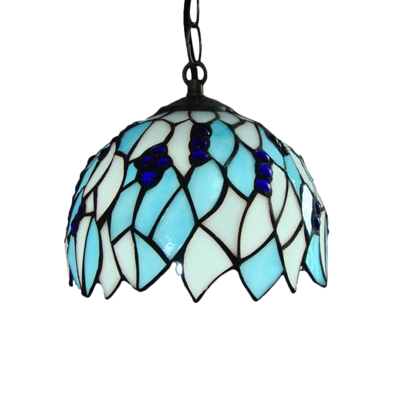 Blue 1 Light Suspension Lamp Baroque Stained Glass Domed Shaped Hanging Ceiling Light Clearhalo 'Ceiling Lights' 'Chandeliers' 'Industrial' 'Middle Century Pendants' 'Pendant Lights' 'Pendants' 'Tiffany close to ceiling' 'Tiffany Pendants' 'Tiffany' Lighting' 315982