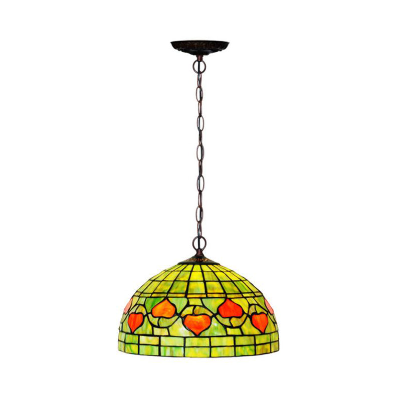 1 Light Kitchen Hanging Pendant Light Mediterranean Red/Green Ceiling Lamp with Domed Stained Glass Shade Clearhalo 'Ceiling Lights' 'Chandeliers' 'Industrial' 'Middle Century Pendants' 'Pendant Lights' 'Pendants' 'Tiffany close to ceiling' 'Tiffany Pendants' 'Tiffany' Lighting' 315987