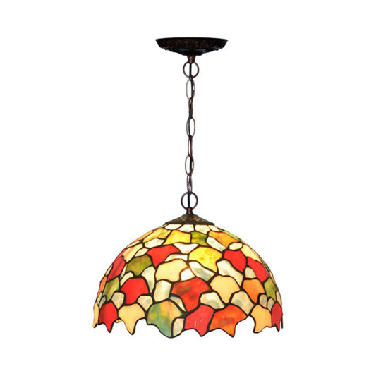 1 Light Kitchen Hanging Pendant Light Mediterranean Red/Green Ceiling Lamp with Domed Stained Glass Shade Red Clearhalo 'Ceiling Lights' 'Chandeliers' 'Industrial' 'Middle Century Pendants' 'Pendant Lights' 'Pendants' 'Tiffany close to ceiling' 'Tiffany Pendants' 'Tiffany' Lighting' 315989