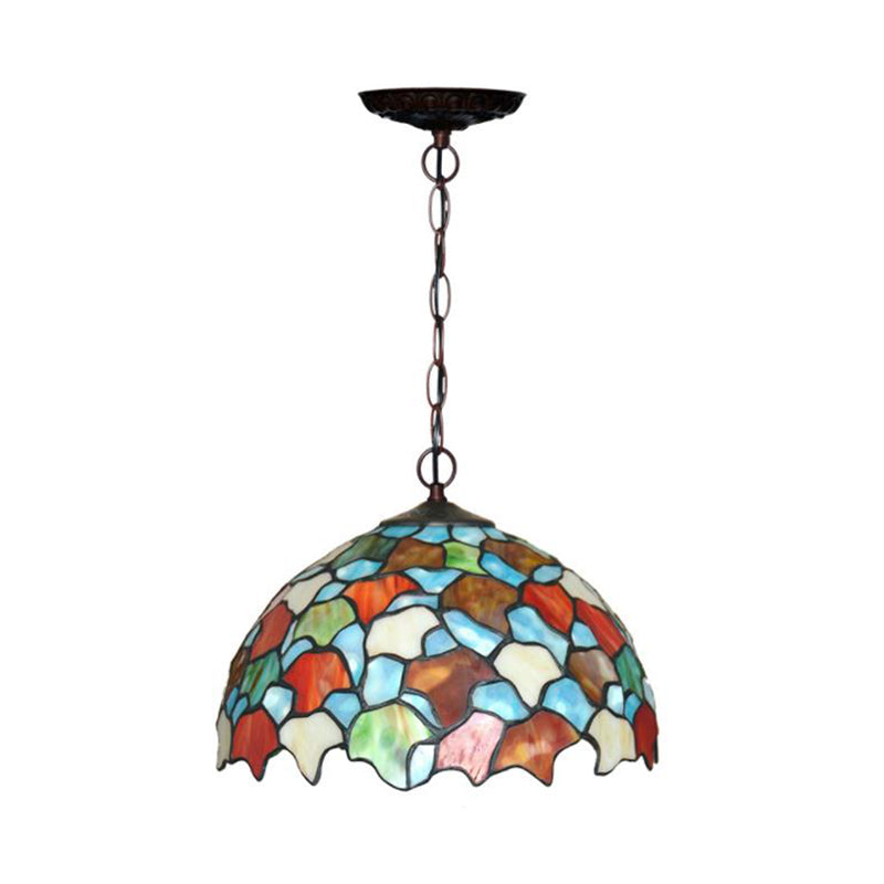1 Light Kitchen Hanging Pendant Light Mediterranean Red/Green Ceiling Lamp with Domed Stained Glass Shade Clearhalo 'Ceiling Lights' 'Chandeliers' 'Industrial' 'Middle Century Pendants' 'Pendant Lights' 'Pendants' 'Tiffany close to ceiling' 'Tiffany Pendants' 'Tiffany' Lighting' 315990