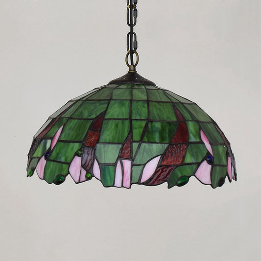 Stained Glass Domed Suspension Lamp Tiffany Stylish Green Ceiling Pendant Light for Bedroom Green Clearhalo 'Ceiling Lights' 'Chandeliers' 'Industrial' 'Middle Century Pendants' 'Pendant Lights' 'Pendants' 'Tiffany close to ceiling' 'Tiffany Pendants' 'Tiffany' Lighting' 315991