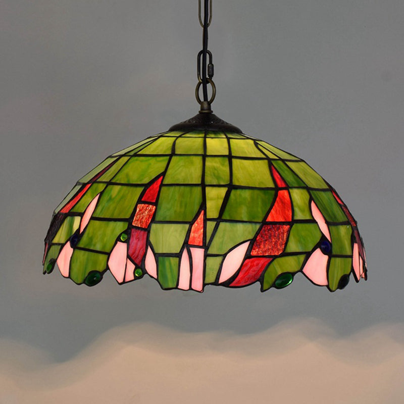 Stained Glass Domed Suspension Lamp Tiffany Stylish Green Ceiling Pendant Light for Bedroom Clearhalo 'Ceiling Lights' 'Chandeliers' 'Industrial' 'Middle Century Pendants' 'Pendant Lights' 'Pendants' 'Tiffany close to ceiling' 'Tiffany Pendants' 'Tiffany' Lighting' 315992