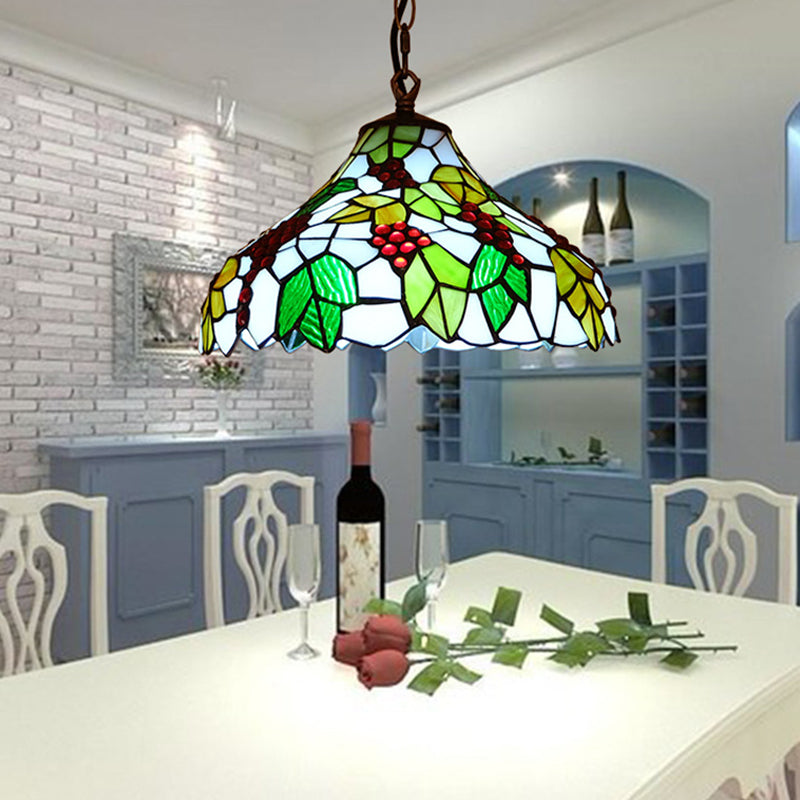 Grapes Drop Lamp 1 Light Stained Glass Tiffany Style Suspension Lighting Fixture in Green Green Clearhalo 'Ceiling Lights' 'Industrial' 'Middle Century Pendants' 'Pendant Lights' 'Pendants' 'Tiffany close to ceiling' 'Tiffany Pendants' 'Tiffany' Lighting' 315998