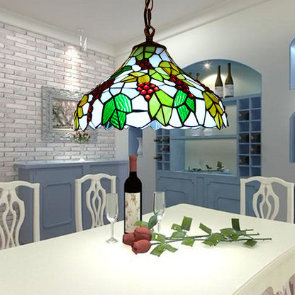 Grapes Drop Lamp 1 Light Stained Glass Tiffany Style Suspension Lighting Fixture in Green Green Clearhalo 'Ceiling Lights' 'Industrial' 'Middle Century Pendants' 'Pendant Lights' 'Pendants' 'Tiffany close to ceiling' 'Tiffany Pendants' 'Tiffany' Lighting' 315998