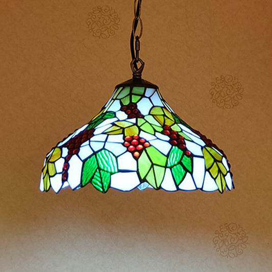 Grapes Drop Lamp 1 Light Stained Glass Tiffany Style Suspension Lighting Fixture in Green Clearhalo 'Ceiling Lights' 'Industrial' 'Middle Century Pendants' 'Pendant Lights' 'Pendants' 'Tiffany close to ceiling' 'Tiffany Pendants' 'Tiffany' Lighting' 315999