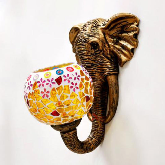 Stained Glass Elephant Head Wall Mount Lamp Baroque 1 Light Silver/Yellow Sconce Light Fixture for Corridor Yellow Clearhalo 'Cast Iron' 'Glass' 'Industrial' 'Middle century wall lights' 'Modern' 'Tiffany wall lights' 'Tiffany' 'Traditional wall lights' 'Wall Lamps & Sconces' 'Wall Lights' Lighting' 316003