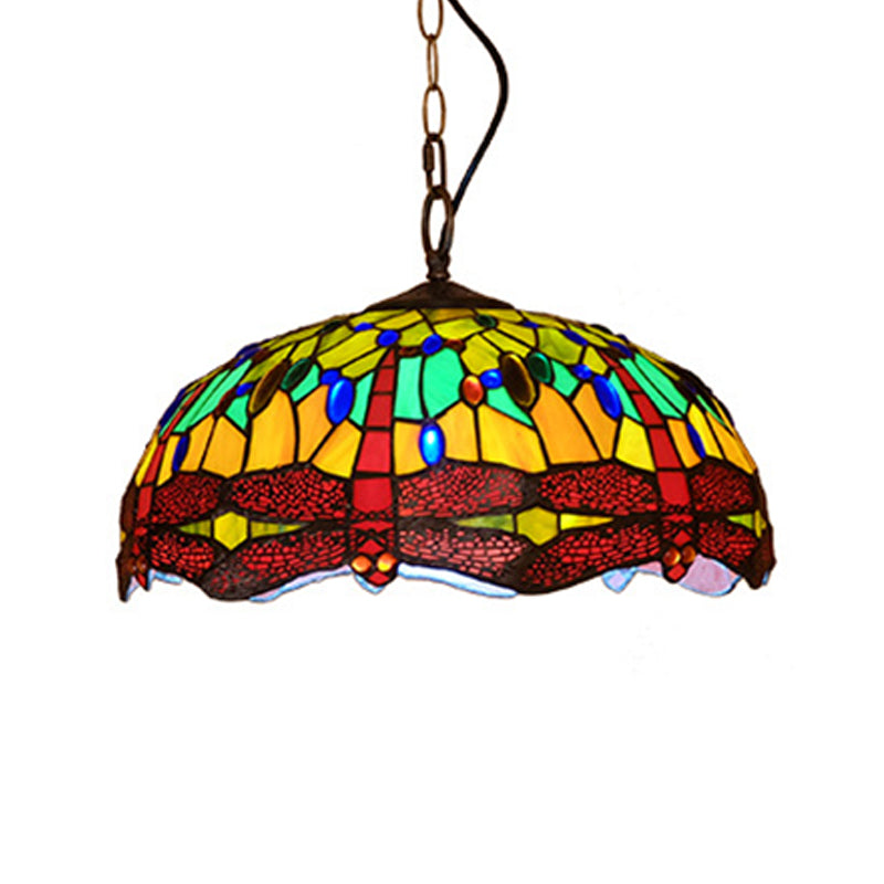 Tiffany Dragonfly Pendant Lighting Fixture 1 Light Stained Glass Ceiling Light in Red/Yellow/Blue for Kitchen Clearhalo 'Ceiling Lights' 'Industrial' 'Middle Century Pendants' 'Pendant Lights' 'Pendants' 'Tiffany close to ceiling' 'Tiffany Pendants' 'Tiffany' Lighting' 316011