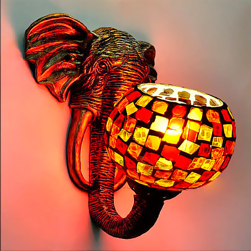 Globe Wall Mounted Light 1 Light Hand Cut Glass Baroque Sconce in Red/Yellow/Blue with Elephant Deco for Outdoor Red Clearhalo 'Industrial' 'Middle century wall lights' 'Tiffany wall lights' 'Tiffany' 'Wall Lamps & Sconces' 'Wall Lights' Lighting' 316021