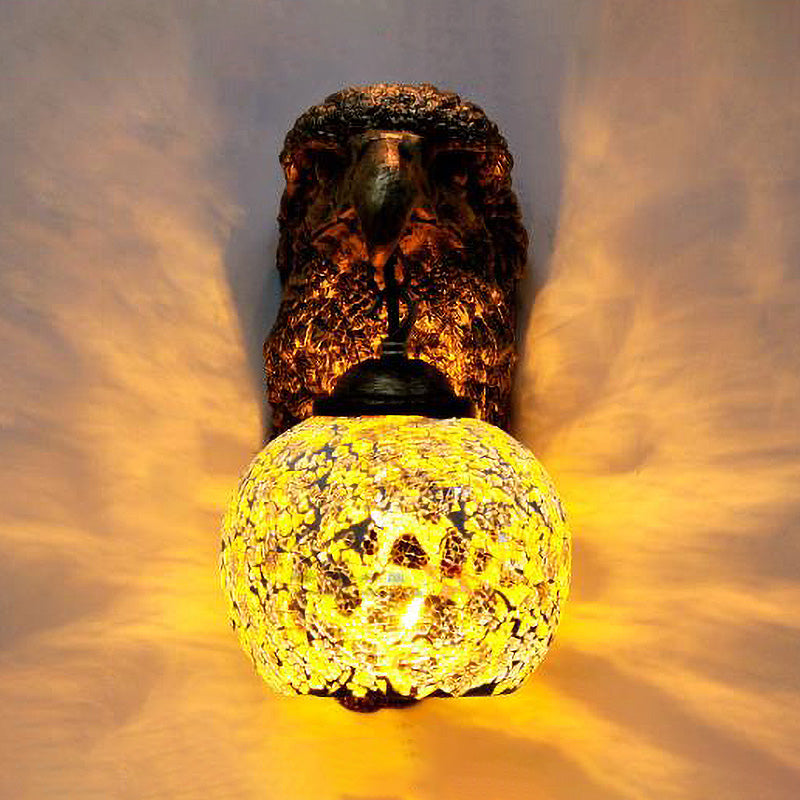 Cut Glass Silver/Beige/Red Wall Mount Lighting Owl Head 1 Light Mediterranean Sconce for Balcony Beige Clearhalo 'Industrial' 'Middle century wall lights' 'Tiffany wall lights' 'Tiffany' 'Wall Lamps & Sconces' 'Wall Lights' Lighting' 316023