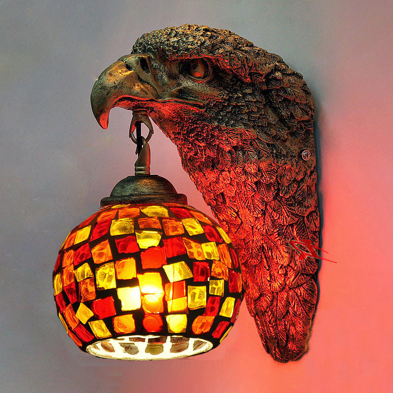 Cut Glass Silver/Beige/Red Wall Mount Lighting Owl Head 1 Light Mediterranean Sconce for Balcony Red Clearhalo 'Industrial' 'Middle century wall lights' 'Tiffany wall lights' 'Tiffany' 'Wall Lamps & Sconces' 'Wall Lights' Lighting' 316027