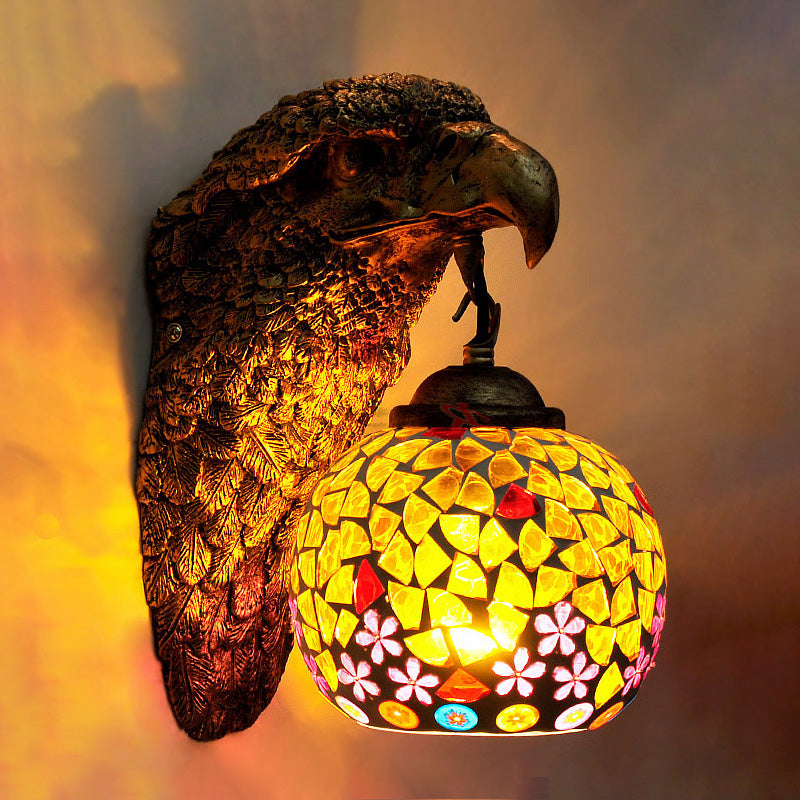 Cut Glass Silver/Beige/Red Wall Mount Lighting Owl Head 1 Light Mediterranean Sconce for Balcony Yellow Clearhalo 'Industrial' 'Middle century wall lights' 'Tiffany wall lights' 'Tiffany' 'Wall Lamps & Sconces' 'Wall Lights' Lighting' 316028