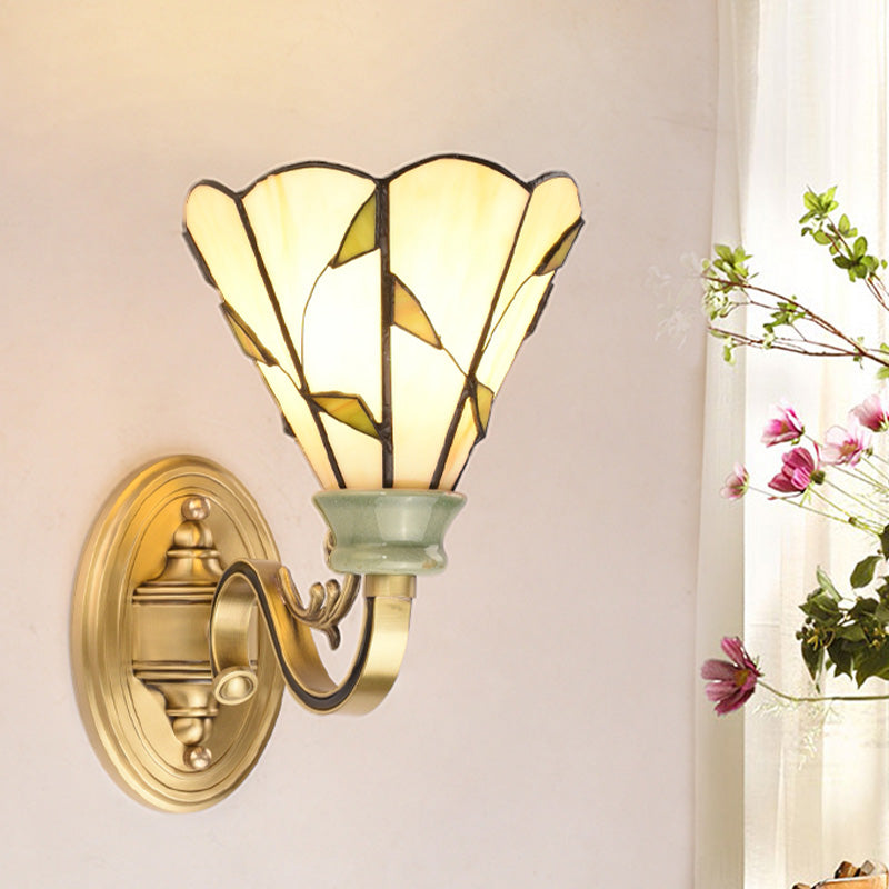 1 Light Wall Mounted Lamp Tiffany Style Cone/Bowl/Flower Cut Glass Sconce Light in Beige/Yellow/Orange for Bedroom Clearhalo 'Industrial' 'Middle century wall lights' 'Tiffany wall lights' 'Tiffany' 'Wall Lamps & Sconces' 'Wall Lights' Lighting' 316034