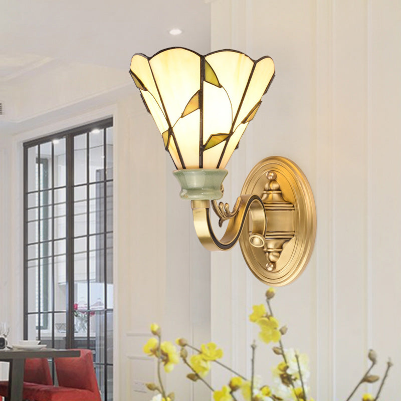 1 Light Wall Mounted Lamp Tiffany Style Cone/Bowl/Flower Cut Glass Sconce Light in Beige/Yellow/Orange for Bedroom Clearhalo 'Industrial' 'Middle century wall lights' 'Tiffany wall lights' 'Tiffany' 'Wall Lamps & Sconces' 'Wall Lights' Lighting' 316035