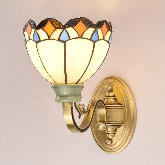 1 Light Wall Mounted Lamp Tiffany Style Cone/Bowl/Flower Cut Glass Sconce Light in Beige/Yellow/Orange for Bedroom Clearhalo 'Industrial' 'Middle century wall lights' 'Tiffany wall lights' 'Tiffany' 'Wall Lamps & Sconces' 'Wall Lights' Lighting' 316037