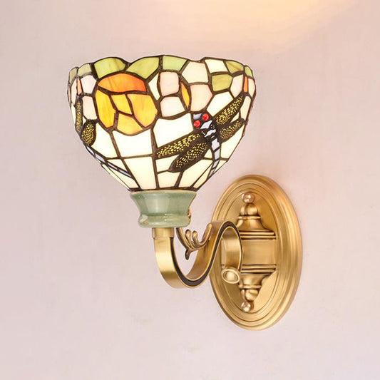 1 Light Wall Mounted Lamp Tiffany Style Cone/Bowl/Flower Cut Glass Sconce Light in Beige/Yellow/Orange for Bedroom Orange Clearhalo 'Industrial' 'Middle century wall lights' 'Tiffany wall lights' 'Tiffany' 'Wall Lamps & Sconces' 'Wall Lights' Lighting' 316040