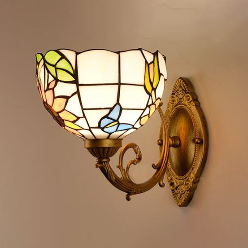 Grape/Blossom Vanity Lighting Fixture 1 Light Stained Art Glass Victorian Sconce Light in Brass for Bathroom Multi-Color A Clearhalo 'Industrial' 'Middle century wall lights' 'Tiffany wall lights' 'Tiffany' 'Wall Lamps & Sconces' 'Wall Lights' Lighting' 316041