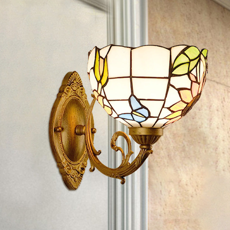 Grape/Blossom Vanity Lighting Fixture 1 Light Stained Art Glass Victorian Sconce Light in Brass for Bathroom Clearhalo 'Industrial' 'Middle century wall lights' 'Tiffany wall lights' 'Tiffany' 'Wall Lamps & Sconces' 'Wall Lights' Lighting' 316042