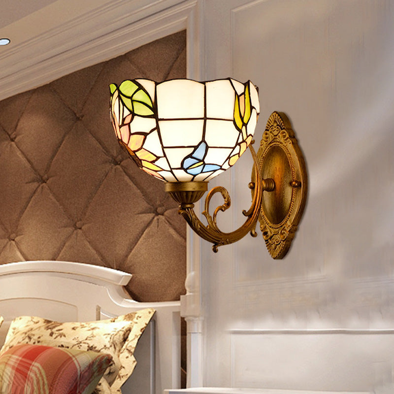 Grape/Blossom Vanity Lighting Fixture 1 Light Stained Art Glass Victorian Sconce Light in Brass for Bathroom Clearhalo 'Industrial' 'Middle century wall lights' 'Tiffany wall lights' 'Tiffany' 'Wall Lamps & Sconces' 'Wall Lights' Lighting' 316044