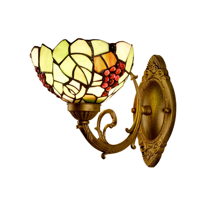Grape/Blossom Vanity Lighting Fixture 1 Light Stained Art Glass Victorian Sconce Light in Brass for Bathroom Multi-Color Clearhalo 'Industrial' 'Middle century wall lights' 'Tiffany wall lights' 'Tiffany' 'Wall Lamps & Sconces' 'Wall Lights' Lighting' 316046