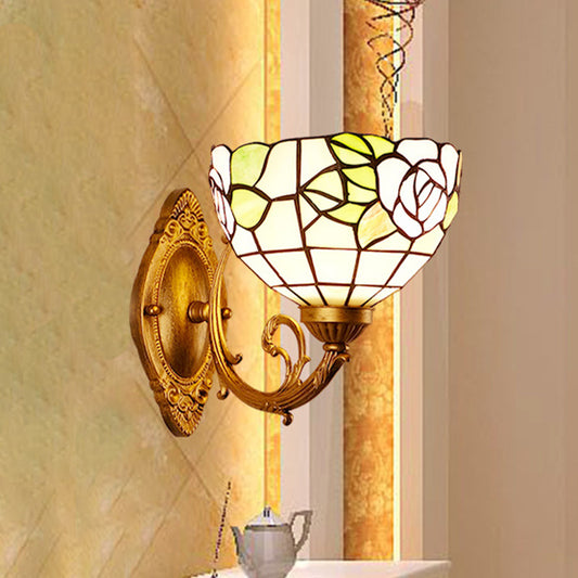 Grape/Blossom Vanity Lighting Fixture 1 Light Stained Art Glass Victorian Sconce Light in Brass for Bathroom Clearhalo 'Industrial' 'Middle century wall lights' 'Tiffany wall lights' 'Tiffany' 'Wall Lamps & Sconces' 'Wall Lights' Lighting' 316047