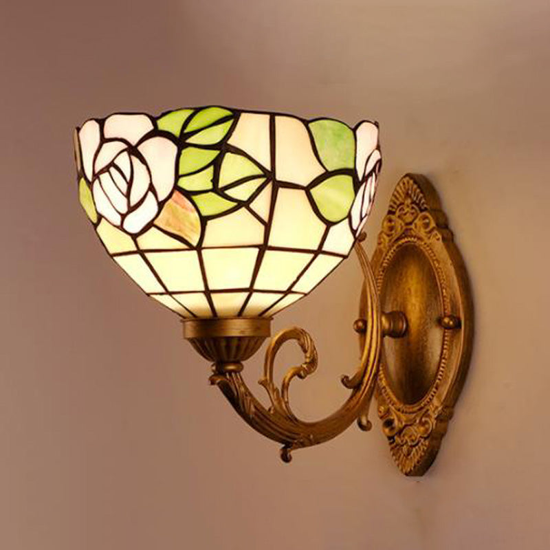 Grape/Blossom Vanity Lighting Fixture 1 Light Stained Art Glass Victorian Sconce Light in Brass for Bathroom Multi-Color C Clearhalo 'Industrial' 'Middle century wall lights' 'Tiffany wall lights' 'Tiffany' 'Wall Lamps & Sconces' 'Wall Lights' Lighting' 316048
