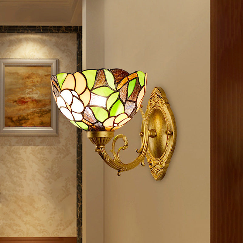 Grape/Blossom Vanity Lighting Fixture 1 Light Stained Art Glass Victorian Sconce Light in Brass for Bathroom Clearhalo 'Industrial' 'Middle century wall lights' 'Tiffany wall lights' 'Tiffany' 'Wall Lamps & Sconces' 'Wall Lights' Lighting' 316050