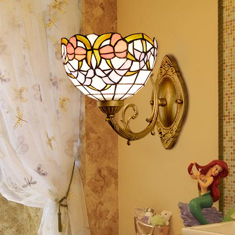 Grape/Blossom Vanity Lighting Fixture 1 Light Stained Art Glass Victorian Sconce Light in Brass for Bathroom Multi-Color E Clearhalo 'Industrial' 'Middle century wall lights' 'Tiffany wall lights' 'Tiffany' 'Wall Lamps & Sconces' 'Wall Lights' Lighting' 316051