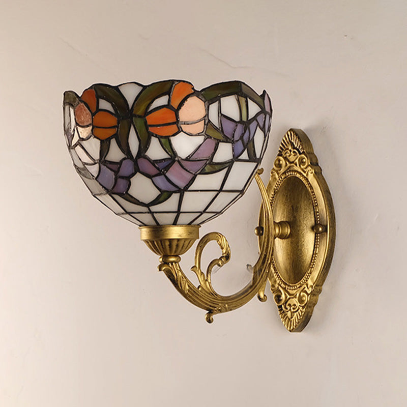 Grape/Blossom Vanity Lighting Fixture 1 Light Stained Art Glass Victorian Sconce Light in Brass for Bathroom Clearhalo 'Industrial' 'Middle century wall lights' 'Tiffany wall lights' 'Tiffany' 'Wall Lamps & Sconces' 'Wall Lights' Lighting' 316052