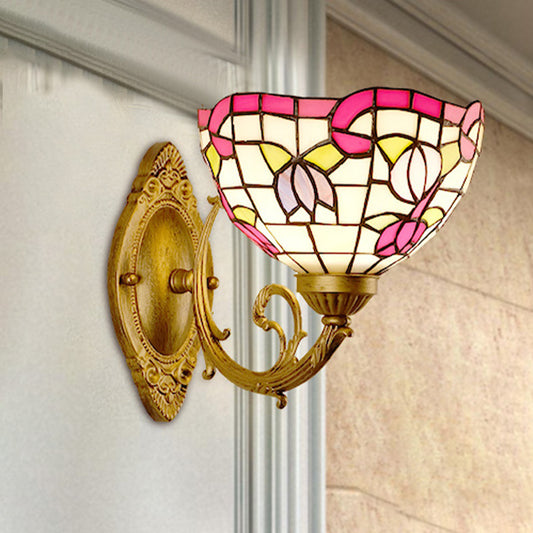 Grape/Blossom Vanity Lighting Fixture 1 Light Stained Art Glass Victorian Sconce Light in Brass for Bathroom Multi-Color F Clearhalo 'Industrial' 'Middle century wall lights' 'Tiffany wall lights' 'Tiffany' 'Wall Lamps & Sconces' 'Wall Lights' Lighting' 316053