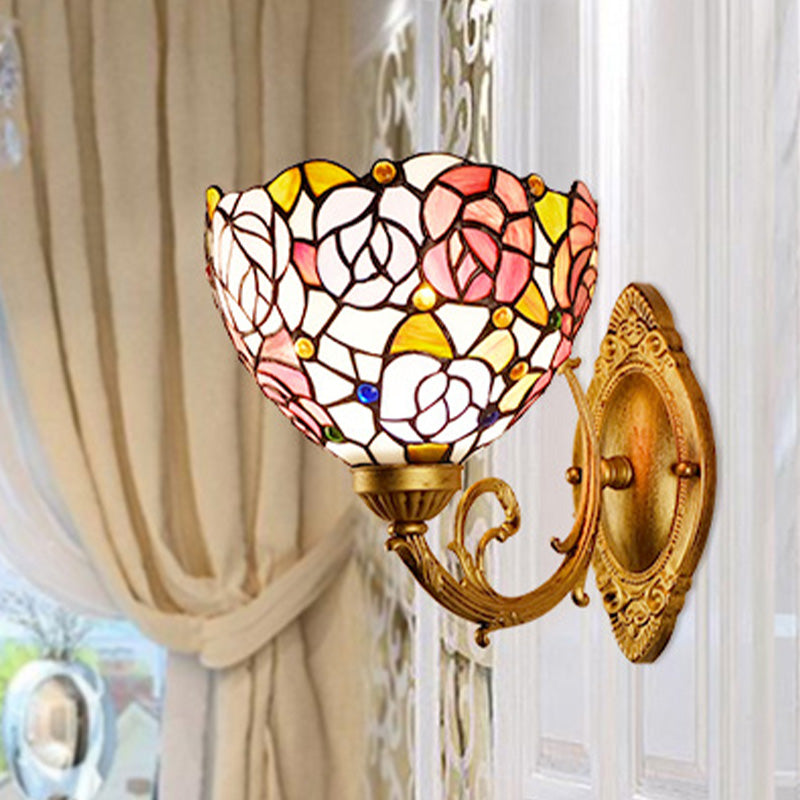 Grape/Blossom Vanity Lighting Fixture 1 Light Stained Art Glass Victorian Sconce Light in Brass for Bathroom Multi-Color G Clearhalo 'Industrial' 'Middle century wall lights' 'Tiffany wall lights' 'Tiffany' 'Wall Lamps & Sconces' 'Wall Lights' Lighting' 316055