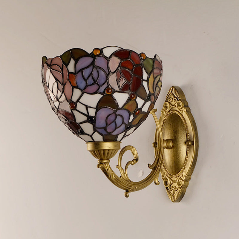 Grape/Blossom Vanity Lighting Fixture 1 Light Stained Art Glass Victorian Sconce Light in Brass for Bathroom Clearhalo 'Industrial' 'Middle century wall lights' 'Tiffany wall lights' 'Tiffany' 'Wall Lamps & Sconces' 'Wall Lights' Lighting' 316056