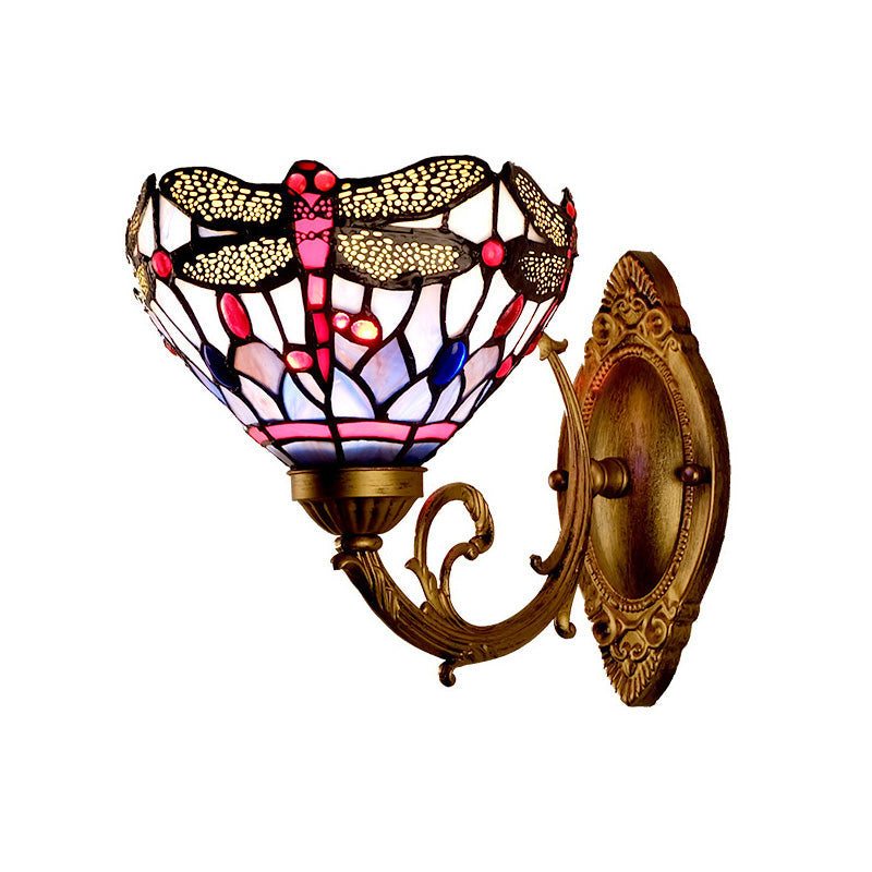 Brass Dragonfly Wall Mount Lamp Tiffany 1 Light Hand Cut Glass Sconce Light with Curving Arm Brass Clearhalo 'Industrial' 'Middle century wall lights' 'Tiffany wall lights' 'Tiffany' 'Wall Lamps & Sconces' 'Wall Lights' Lighting' 316063