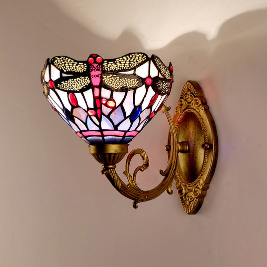 Brass Dragonfly Wall Mount Lamp Tiffany 1 Light Hand Cut Glass Sconce Light with Curving Arm Clearhalo 'Industrial' 'Middle century wall lights' 'Tiffany wall lights' 'Tiffany' 'Wall Lamps & Sconces' 'Wall Lights' Lighting' 316064