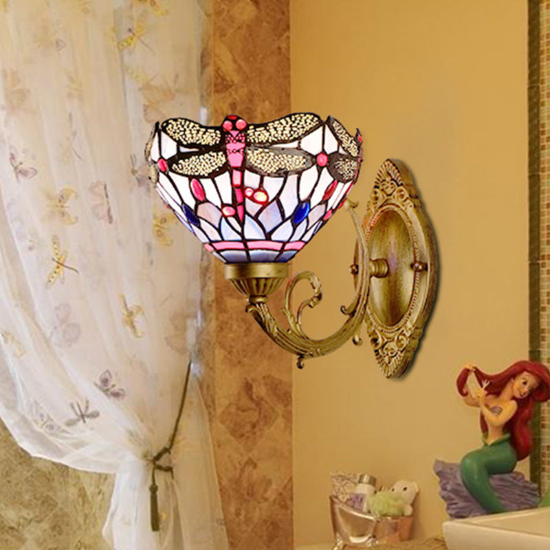 Brass Dragonfly Wall Mount Lamp Tiffany 1 Light Hand Cut Glass Sconce Light with Curving Arm Clearhalo 'Industrial' 'Middle century wall lights' 'Tiffany wall lights' 'Tiffany' 'Wall Lamps & Sconces' 'Wall Lights' Lighting' 316065